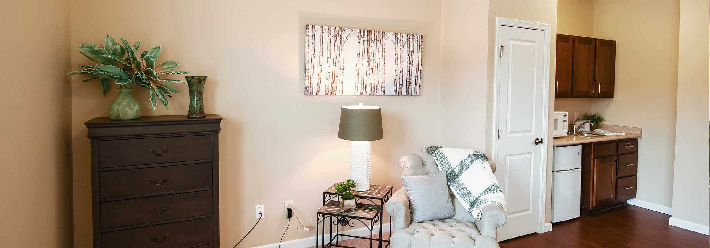 A decorated senior living apartment at Traditions of Beavercreek