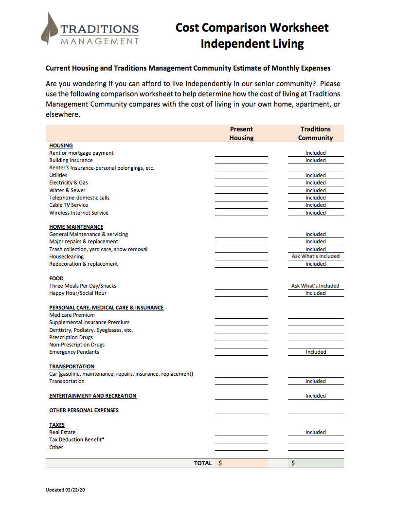 Cost Camparison Worksheet